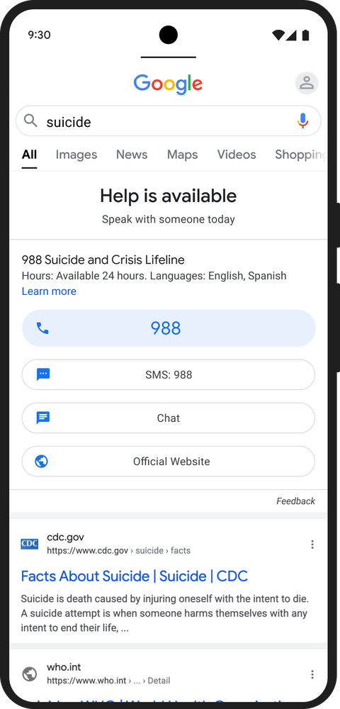 Suicide prevention resources on Google Search